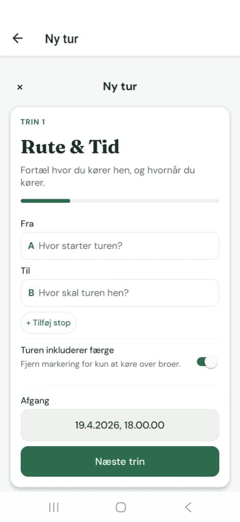 Mobilapp: opret ny tur — rute og tid
